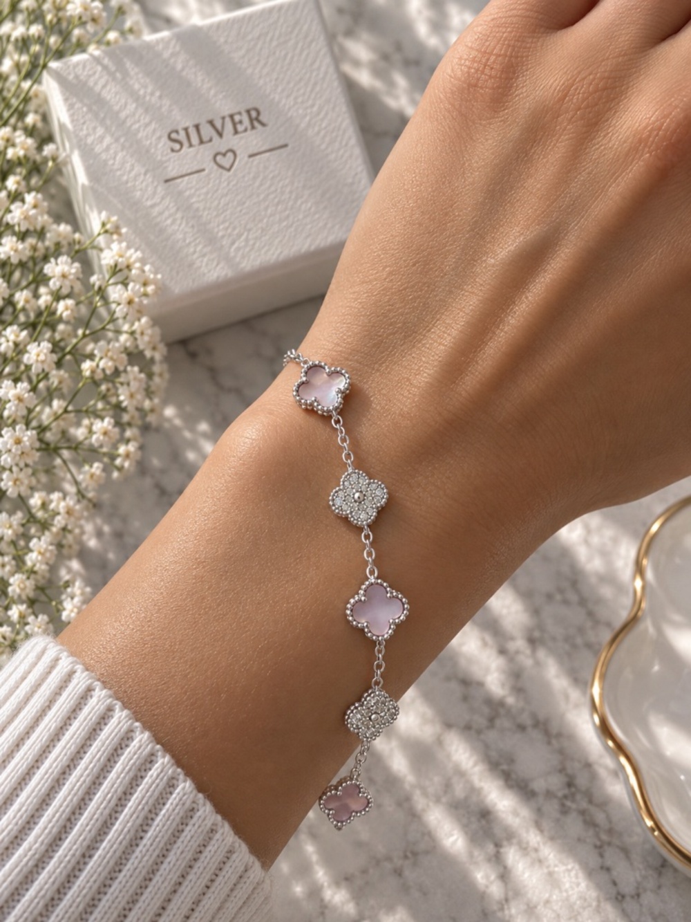 Silver Mother of Pearl Clover Charm Bracelet